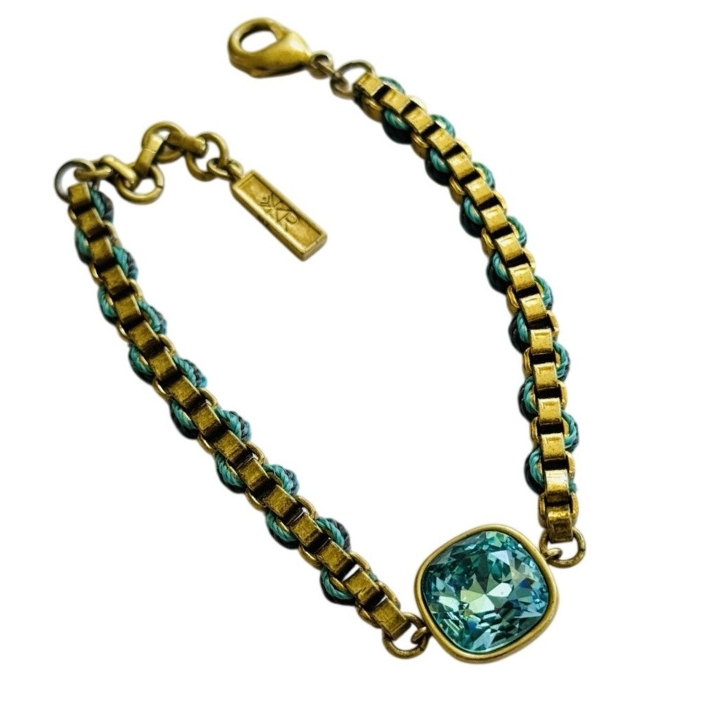 K&R Silpada Collection Bracelet Signed Teal Blue Crystal Brass Jeweled Boho Mod